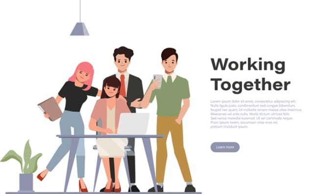 테이블 앞에 서서 모여있는 남다 2명과 여자 2명의 그림