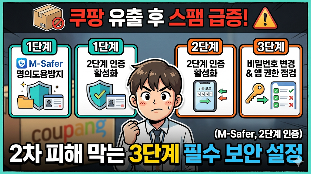 쿠팡 유출 후 스팸 급증? 2차 피해 막는 3단계 필수 보안 설정 (M-Safer, 2단계 인증)