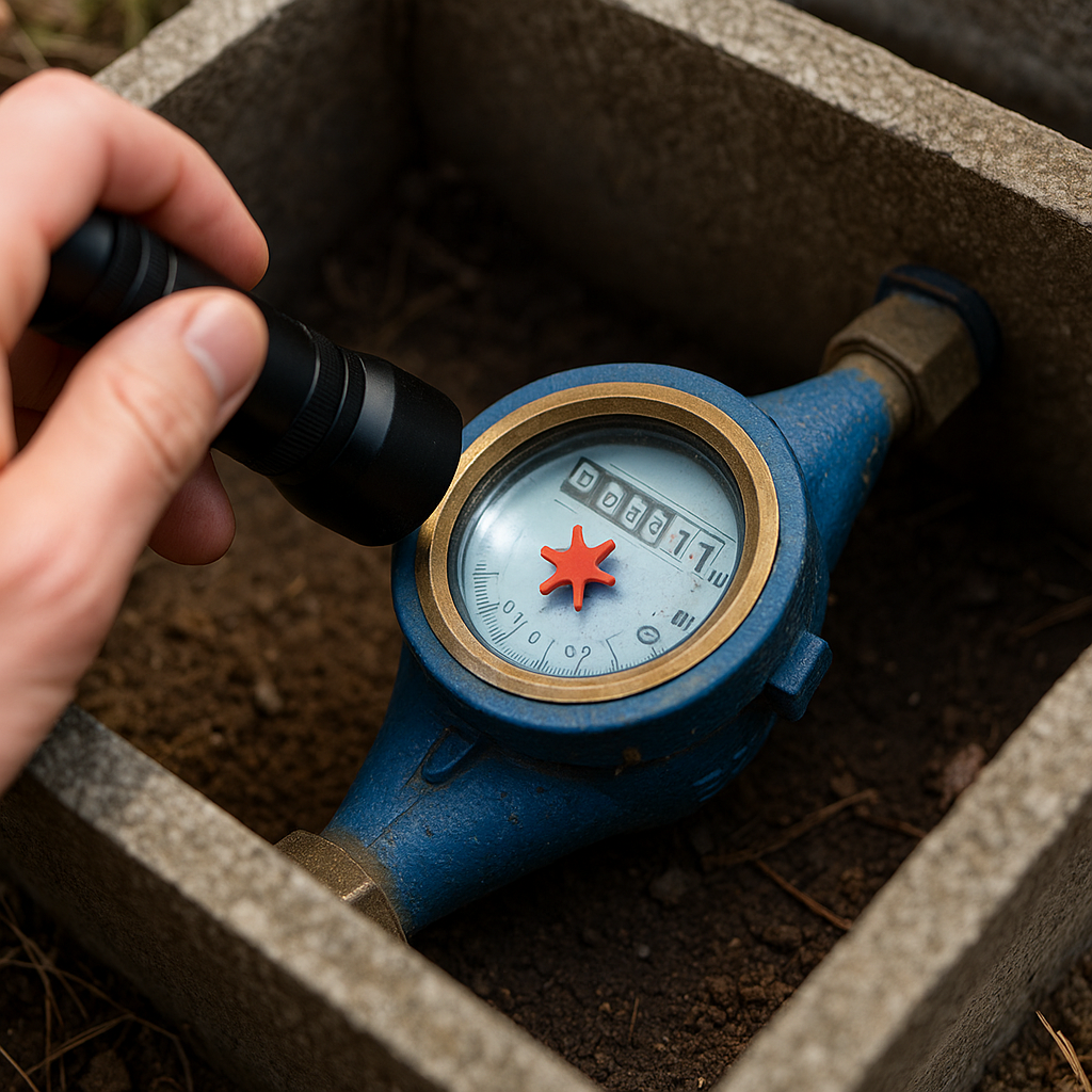야외형 수도계량기의 빨간 별침을 손전등으로 비추어 회전 여부를 확인하는 모습
