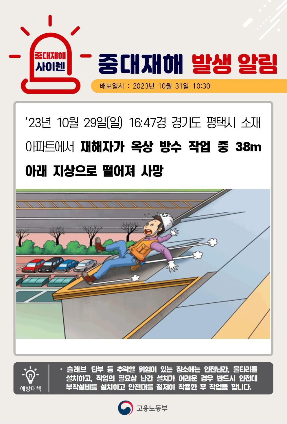 옥상 방수작업 중 지상으로 떨어짐(38m)