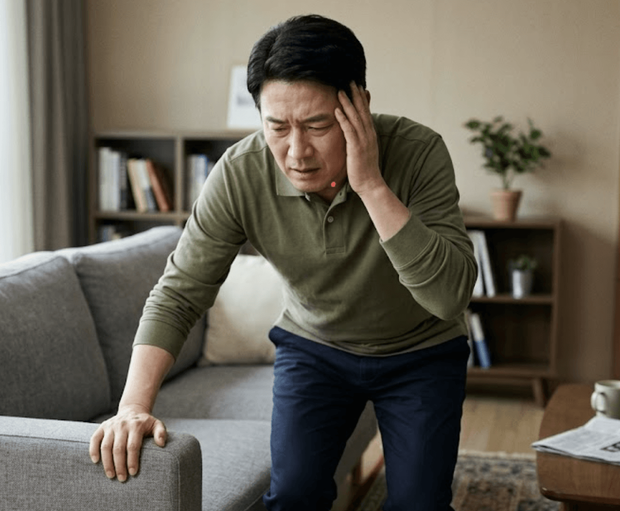 다발성 경화증 초기 증상인 균형 장애와 어지럼증으로 힘들어 하고 있는 중년 남성
