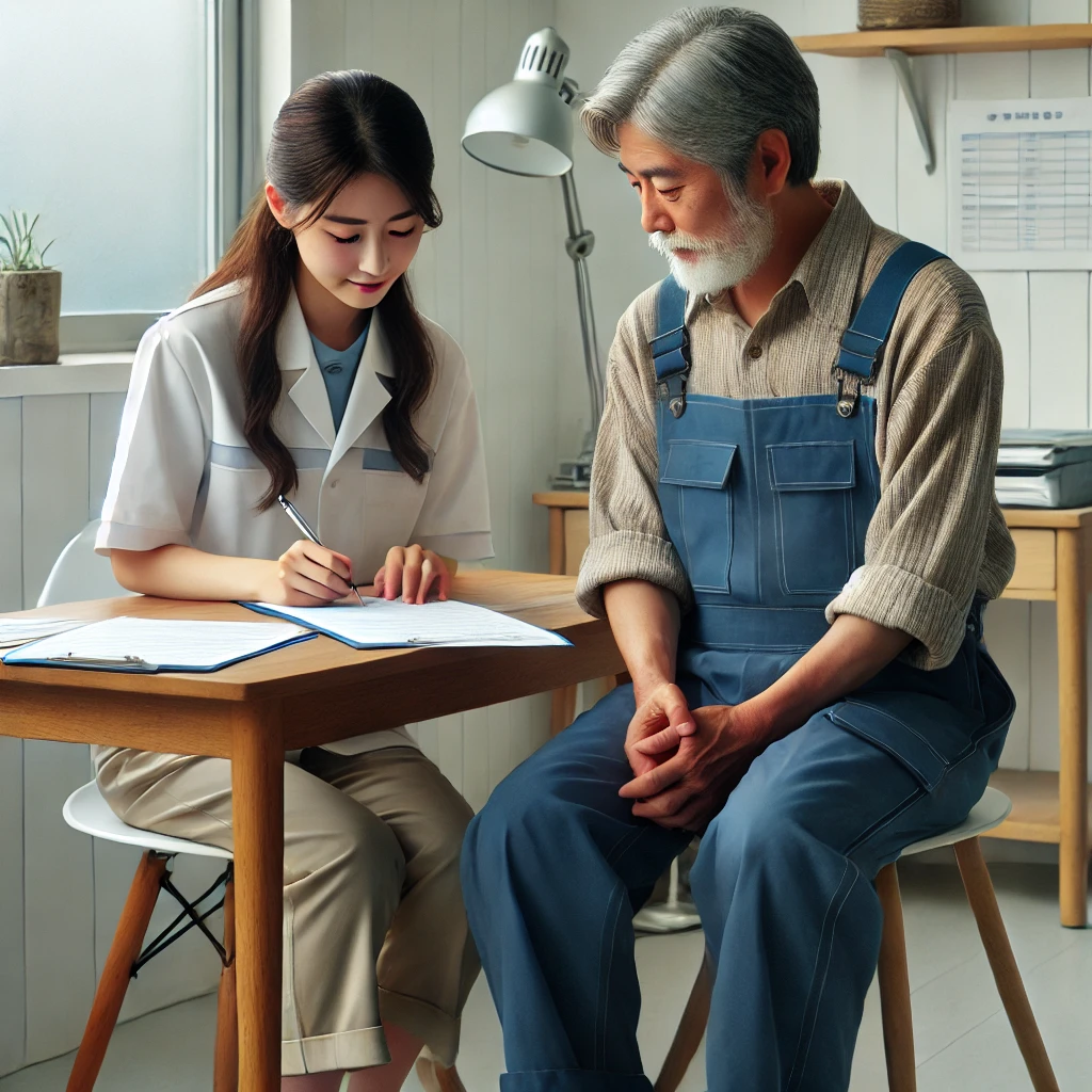 어촌 노년 남성이 젊은 직원에게 직불금 신청 도움을 받는 모습