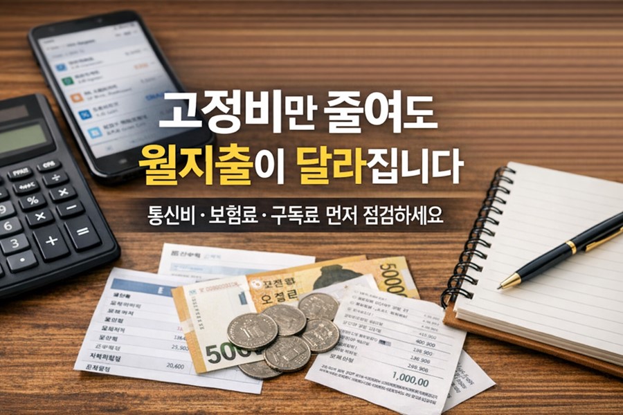 매달 반복되는 통신비와 보험료, 구독료 같은 고정비를 줄이면 월지출을 효과적으로 낮출 수 있다는 내용을 보여주는 이미지