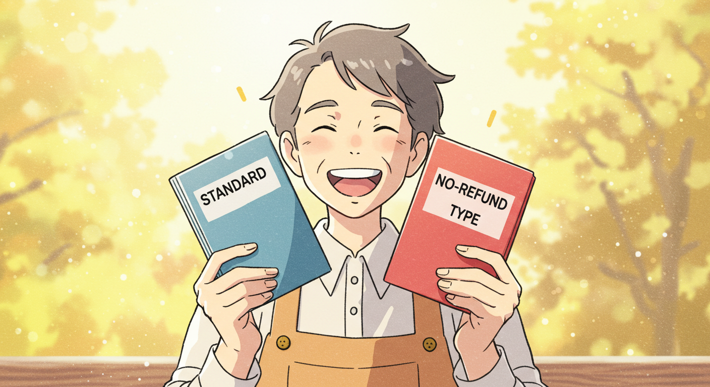 표준형과 무해지형 보험 안내서를 들고 웃는 사람