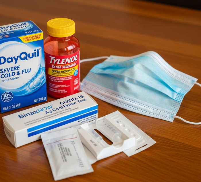 감기약, 해열제, 마스크, 그리고 코로나 자가진단 키트가 테이블 위에 놓여있는 모습