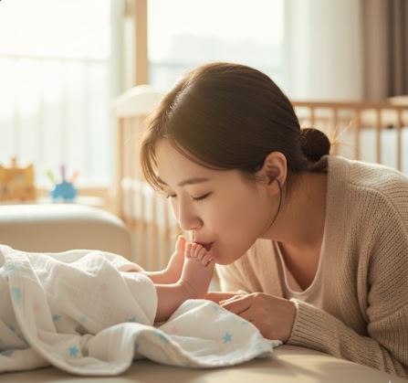 아기 발에 입맞추고있는 엄마의 모습