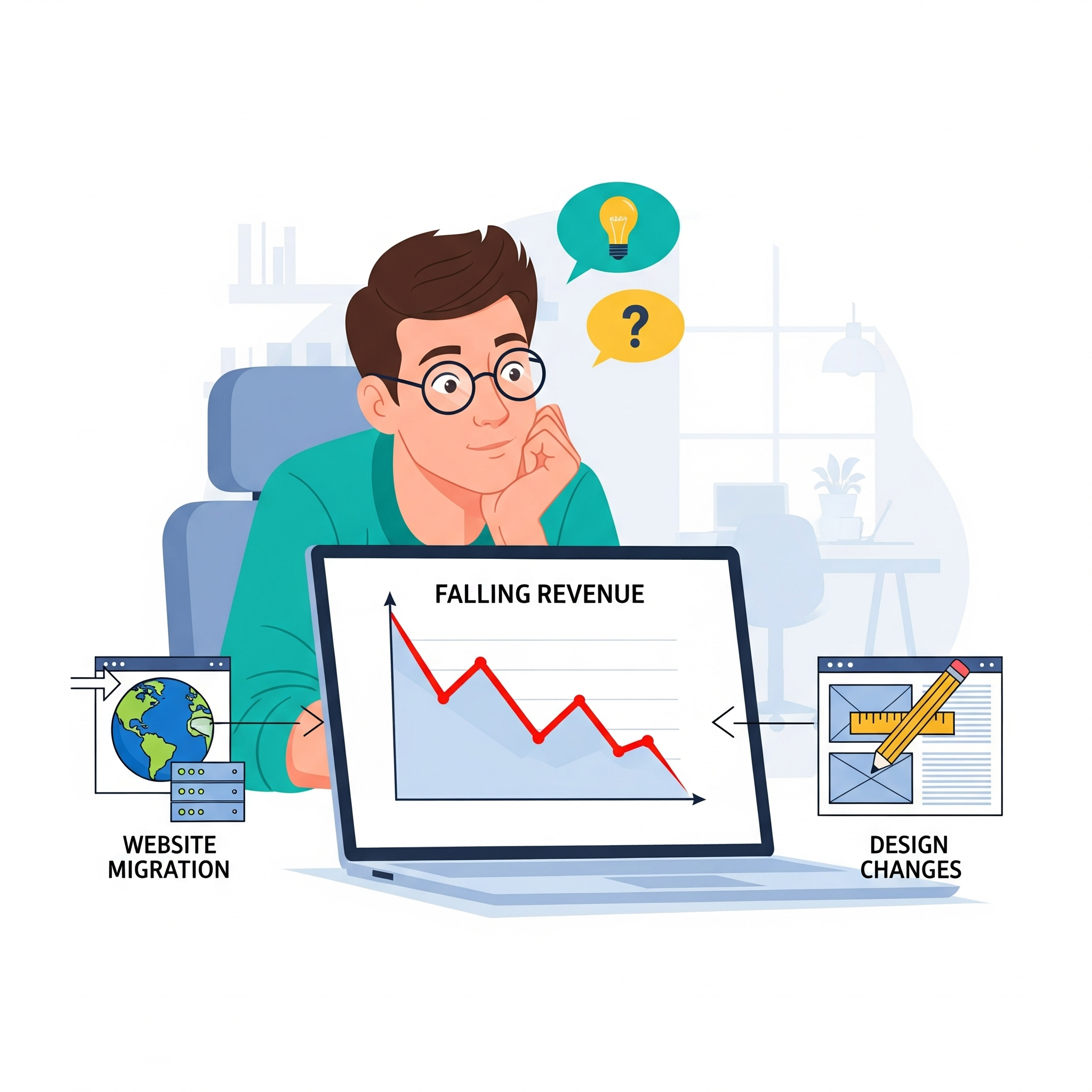 플랫폼 이전, 스킨 변경, 서브도메인 추가로 고민하는 블로거의 모습을 보여주는 이미지