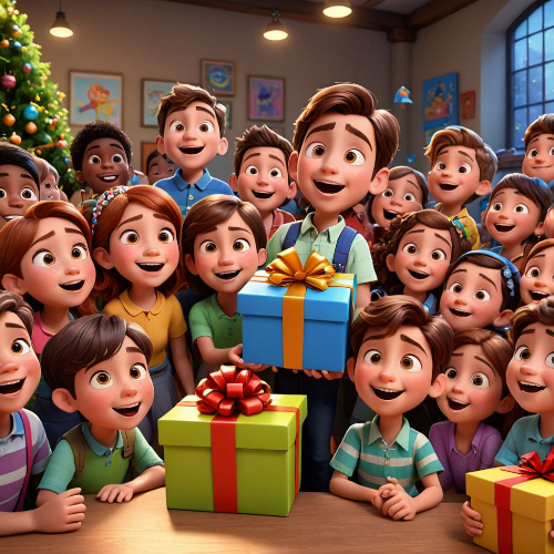 학원에서 선물을 받고 좋아하는 아이들