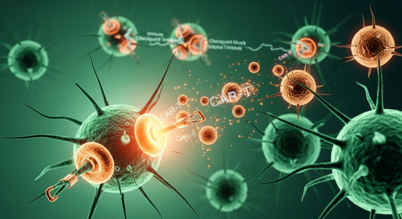 2025년 암 치료의 희망을 보여주는 이미지. CAR-T 세포가 암세포를 공격하고 면역관문억제제가 면역 반응을 활성화하는 모습을 나타낸 미래 지향적인 의료 일러스트레이션.