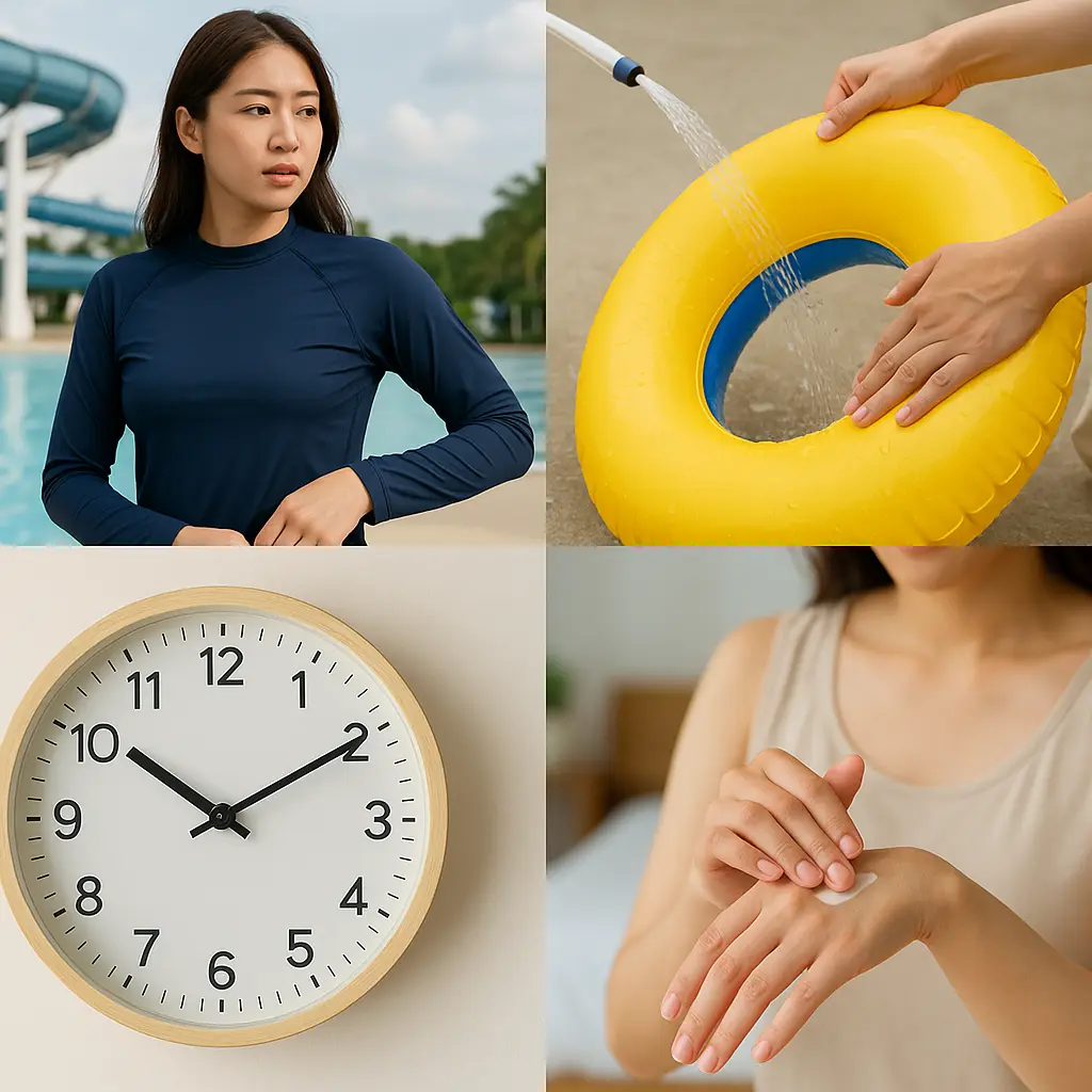 래시가드 착용, 개인 튜브 세척, 30분 휴식 규칙, 3분 보습 루틴