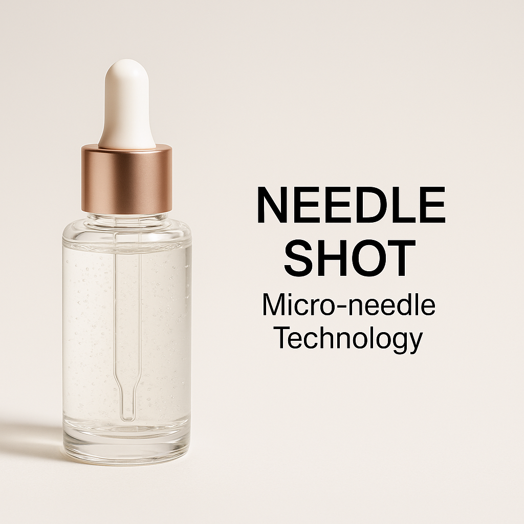 밝은 배경에 고급스러운 느낌의 니들샷 화장품이 앰플 형태로 놓여 있음