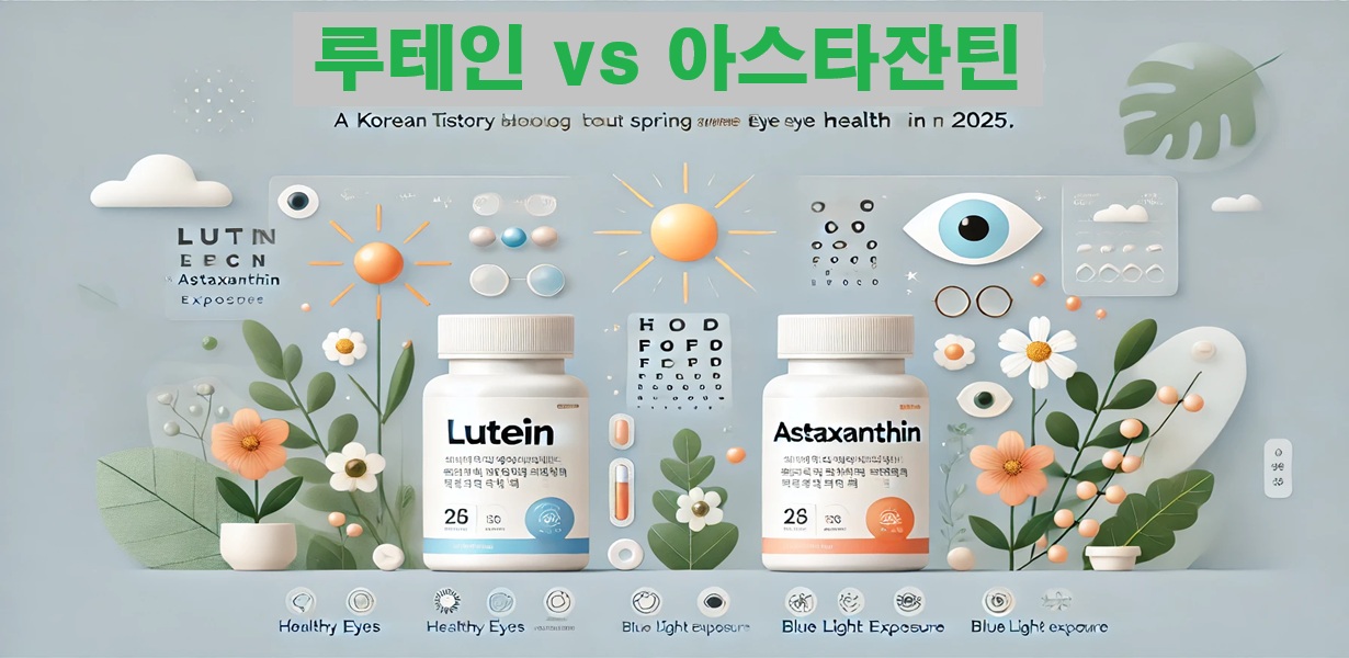 루테인과 아스타잔틴 영양제를 중심으로 한 눈 건강 관련 일러스트와 보충제 병이 시각적으로 정리된 비교 이미지