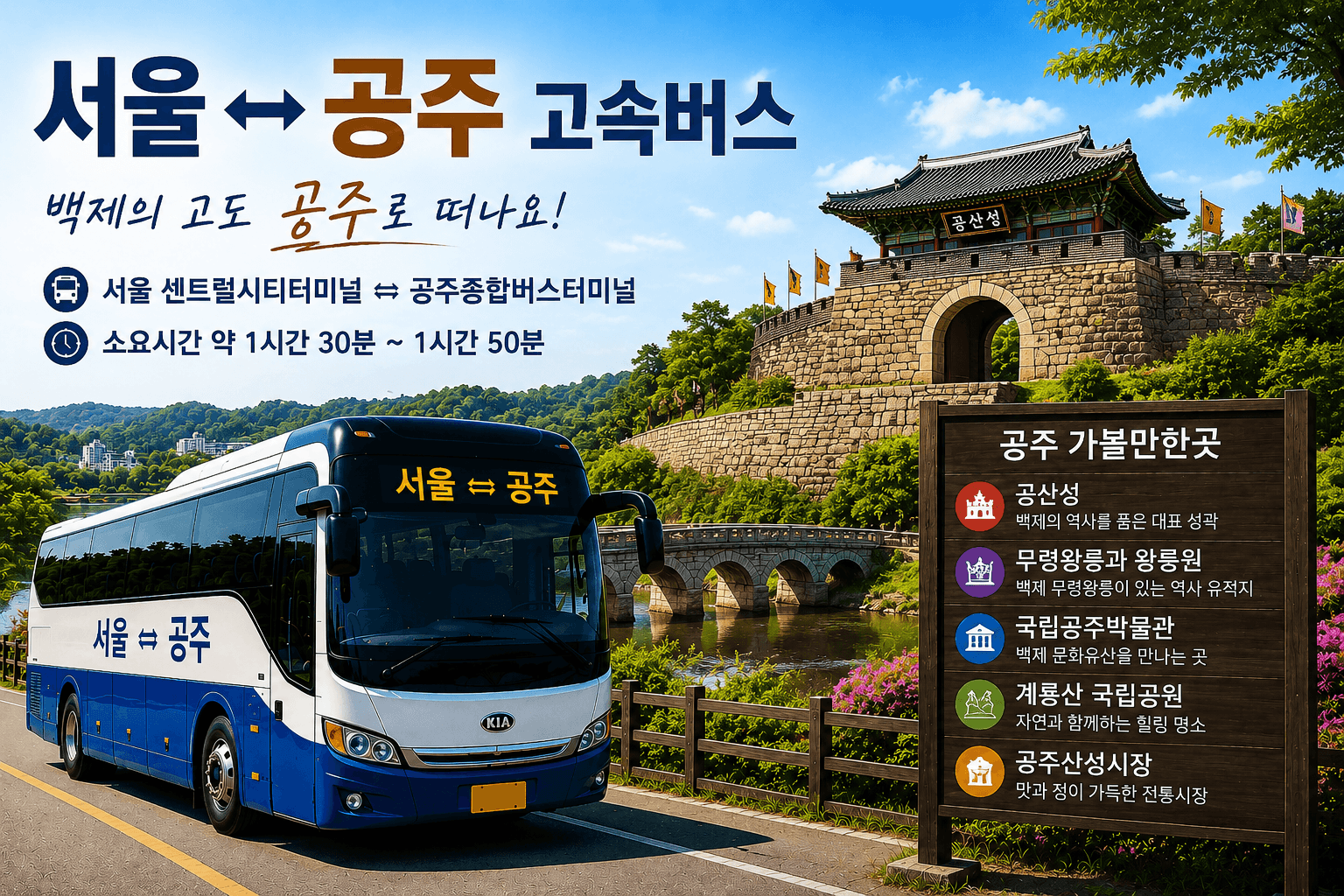 서울과 공주를 오가는 고속버스와 공주 관광지