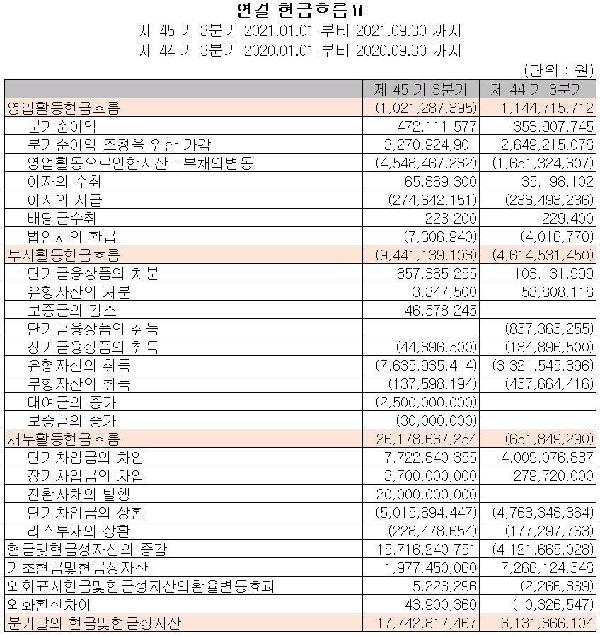 (주)뉴인텍 현금흐름표