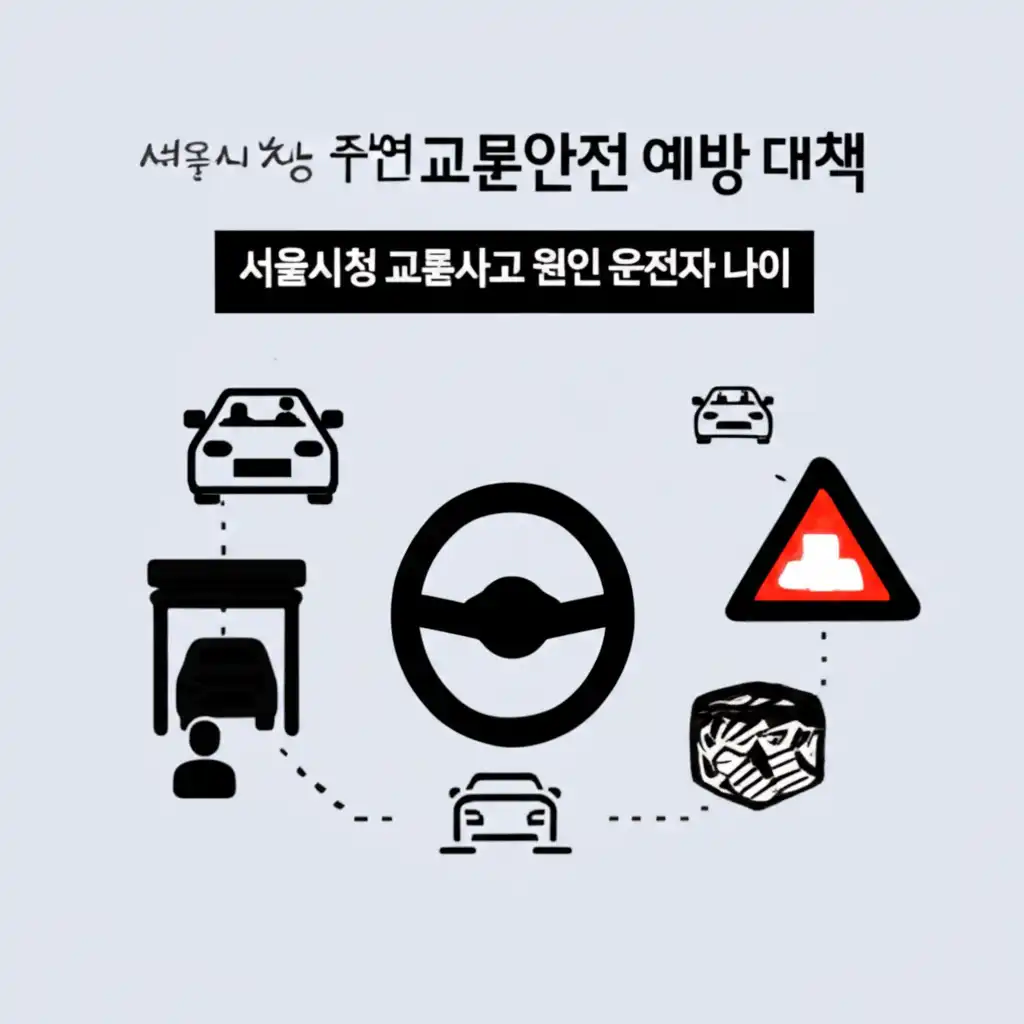 서울시청 앞 복잡한 교차로와 보행자, 차량의 안전 운전 및 보행을 강조하는 이미지