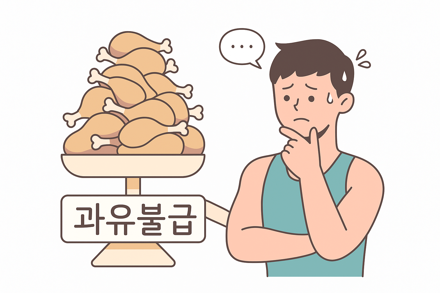 운동복을 입은 남성이 닭가슴살, 달걀, 야채가 담긴 건강한 식사를 하며 미소 짓고 있는 장면. 고단백 식단의 긍정적 이미지를 표현한 일러스트입니다.