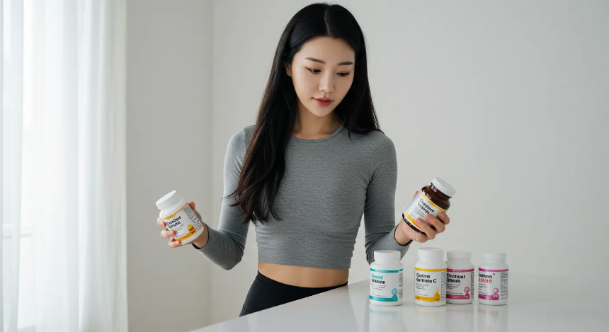 다양한 영양제를 고르고 있는 여성 이미지