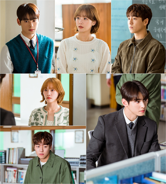 &#39;오늘도 사랑스럽개&#39; 차은우&#44; 박규영&#44; 이현우가 학교를 배경으로 특별한 관계를 형성한다. [사진=MBC]