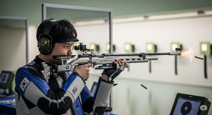 사격 경기장에서 총을 든 채 과녁에 집중하고 있는 남자 선수