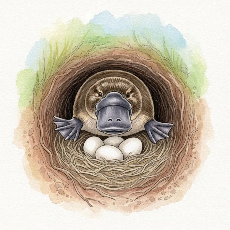 알을 품고 있는 어미 오리너구리의 모습