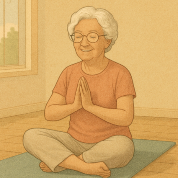 햇살이 부드럽게 들어오는 방 안에서 할머니가 요가 매트 위에 앉아 가벼운 요가 동작을 하고 있는 장면