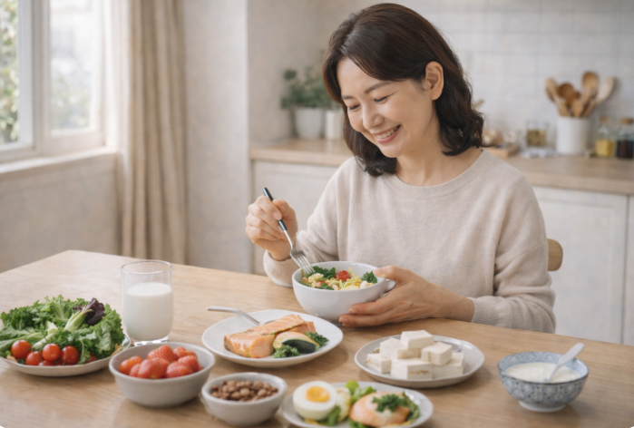 갱년기 여성이 건강한 식단을 즐기고 있는 장면. 채소, 생선, 두부 등 자연식 위주의 음식이 식탁에 준비되어 있다.