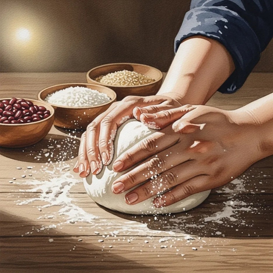 정성껏 찹쌀 반죽을 치대는 손의 모습