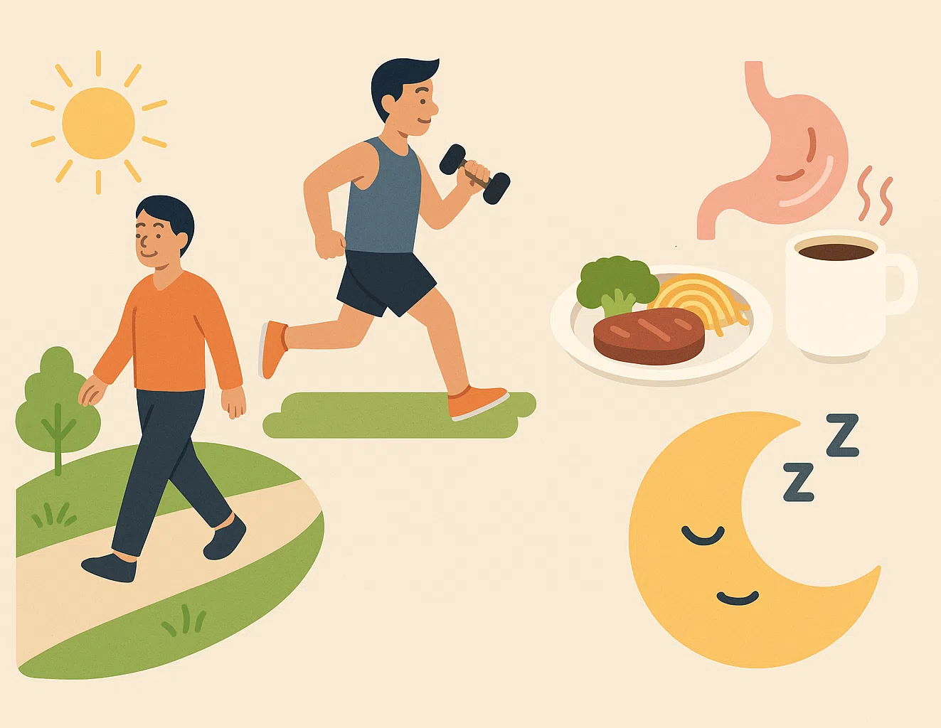 아침 햇빛을 받으며 산책하는 사람, 낮에 운동하는 모습, 시계와 커피잔 아이콘, 저녁에는 식사 후 소화되는 아이콘