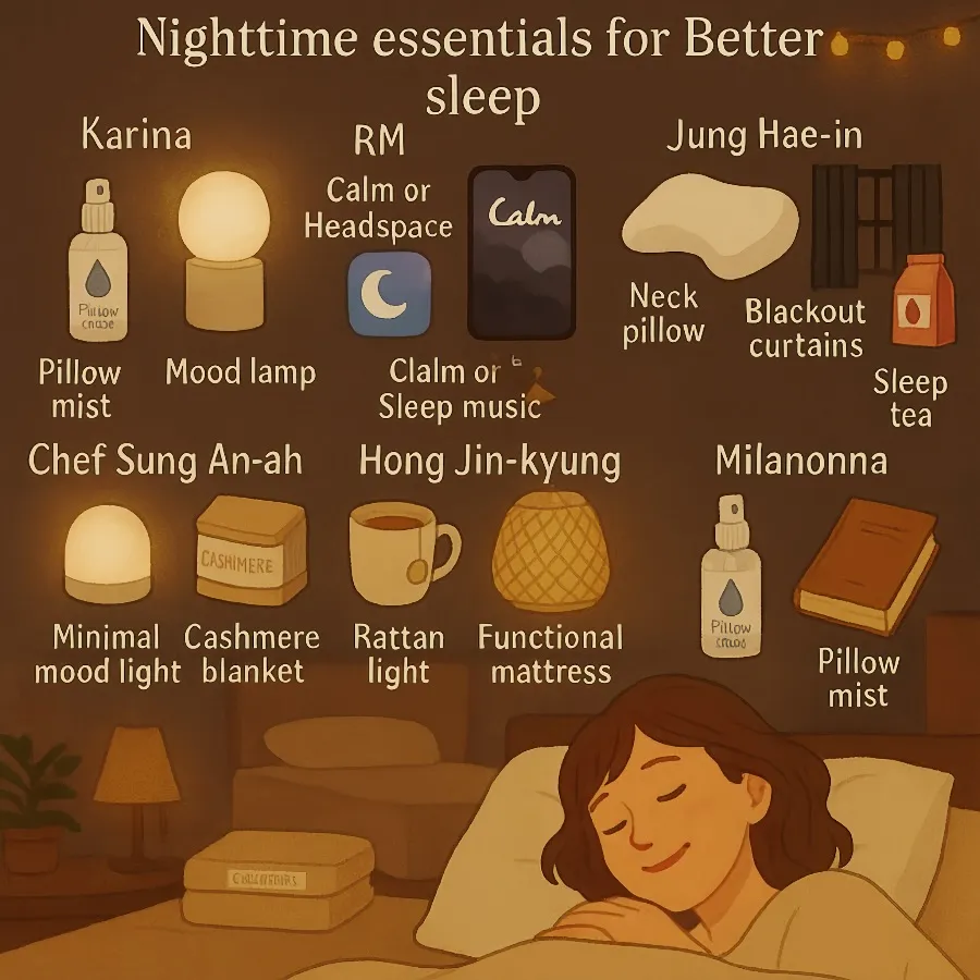 셀럽 수면 루틴, 연예인 나이트 루틴, 카리나 루틴, RM 수면 습관, 정해인 수면 루틴, 홍진경 잠 버릇, 밀라논나 나이트 루틴, 수면템 추천, 잘 자기 위한 습관, 필로우 미스트 추천, 무드등 추천, 도라지차 효능, 클래식 음악 수면, 명상 앱 추천, Calm 앱 후기, 루나솜 수면 음악, 스마트폰 금욕 상자, 수면 건강 루틴, 연예인 루틴 공개, 숙면 하는 법, 자기 전 추천템, 루이보스차 효능, 고전문학 추천, 나이트 루틴 정리, 웰빙 루틴, 나만의 수면 습관, 수면 향기, 편안한 잠자기, 오늘 밤 잘 자기