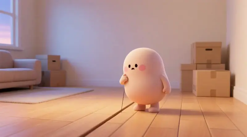 강마루 이음새를 들여다보며 고개를 갸웃하는 캐릭터
