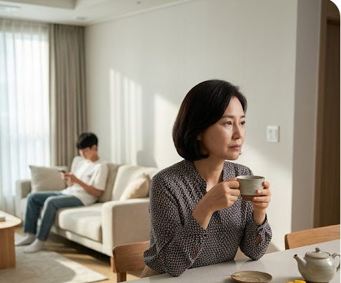 스마트폰을 보는 아들을 등지고 거실에서 차를 마시며 불안을 다스리는 엄마