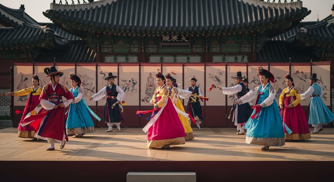 전통 한옥 무대에서 한복을 입고 춤추는 공연