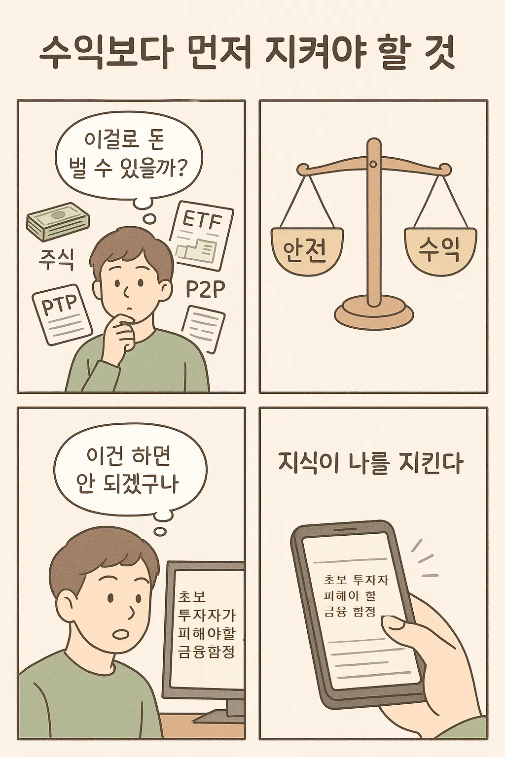 투자자는 수익보다 안전을 먼저 고민하며 블로그와 금융 정보를 통해 공부하고 판단하는 과정을 보여주는 웹툰