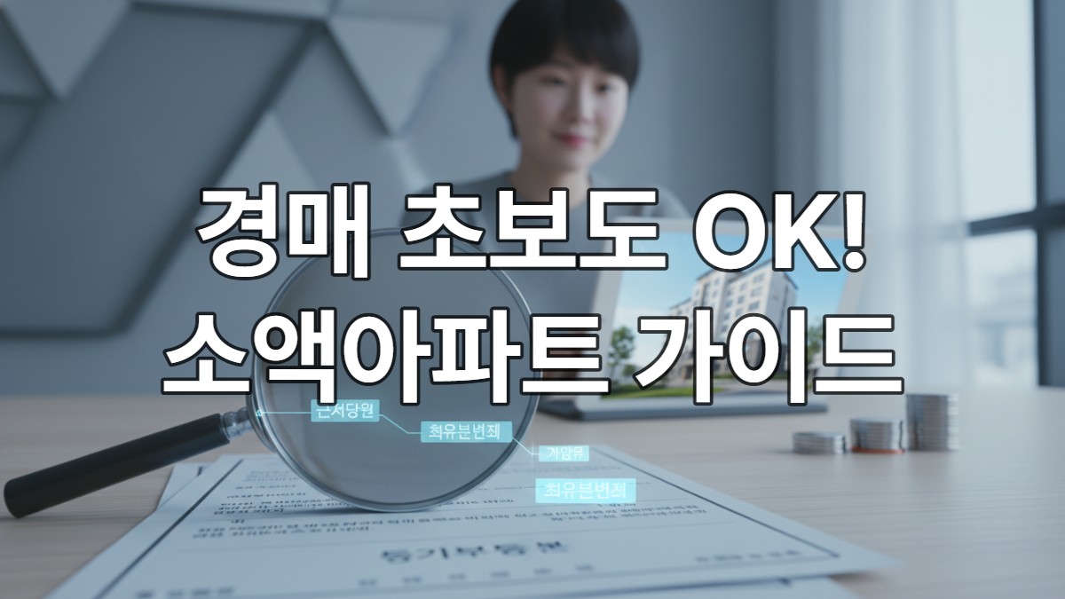 아파트 경매 권리 분석 서류들을 돋보기로 살펴보는 모습과 소액 투자자가 태블릿으로 아파트를 확인하는 이미지. 등기부등본과 동전이 함께 놓여 경매 투자와 소액 투자를 상징한다