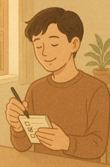 체크리스트에 체크하며 미소짓는 사람 모습 사진