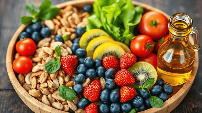 견과류와 싱싱한 딸기, 블루베리, 키위 등이 담겨 있는 대나무 바구니, 그 한쪽에 올리브 오일 병이 놓여있다.