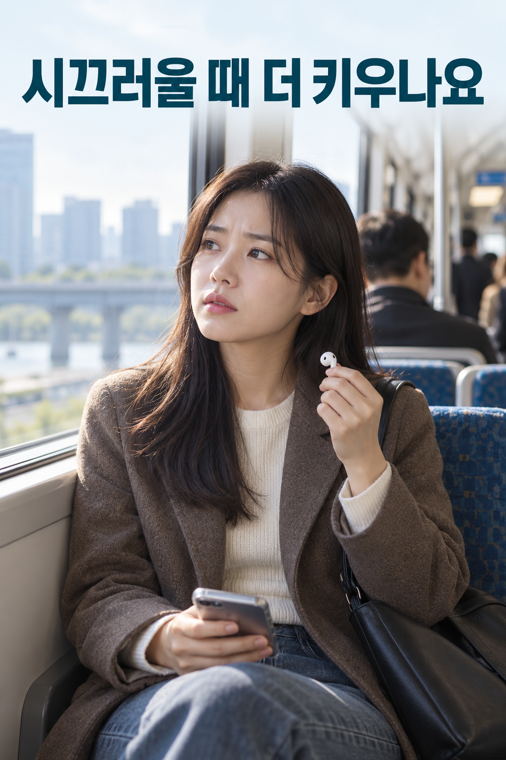 대중교통에서 이어폰을 귀에서 빼 들고 주변 소음을 살피는 성인