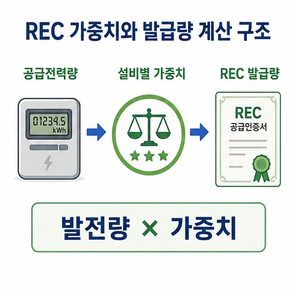 공급전력량에 설비별 가중치를 곱해 REC 발급량을 계산하는 원리를 설명한 이미지