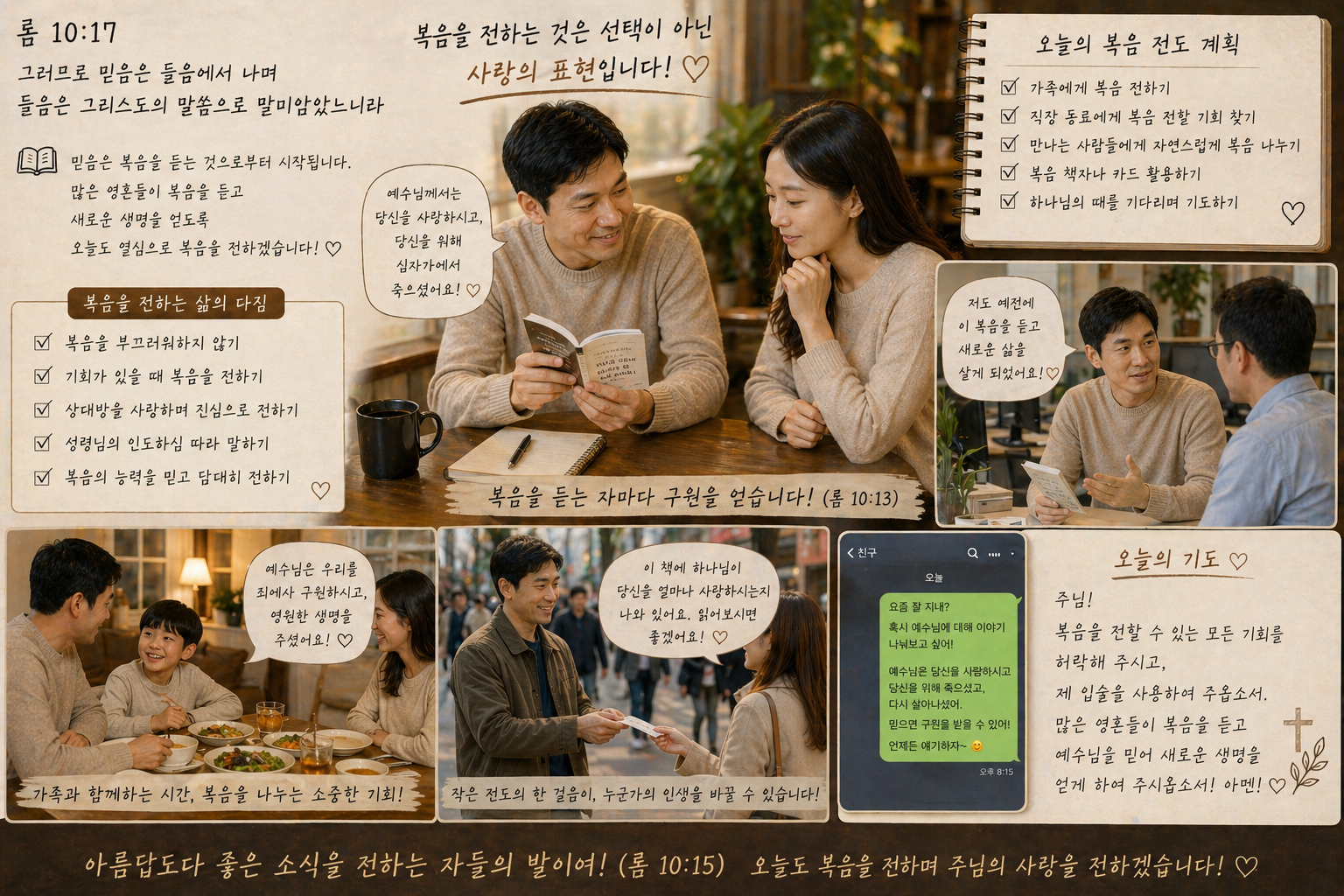 롬 10:17에서 믿음은 복음을 듣는 것으로부터 시작함을 생각할 때&amp;#44; 열심으로 복음전하는 삶을 살아야 할 것이 생각되었고&amp;#44; 많은 영혼들이 복음을 듣고 새로운 생명을 얻도록 오늘도 가족이나 만나는 사람들에게 기회있는 대로 복음을 전하려는 시도를 하는 모습입니다.