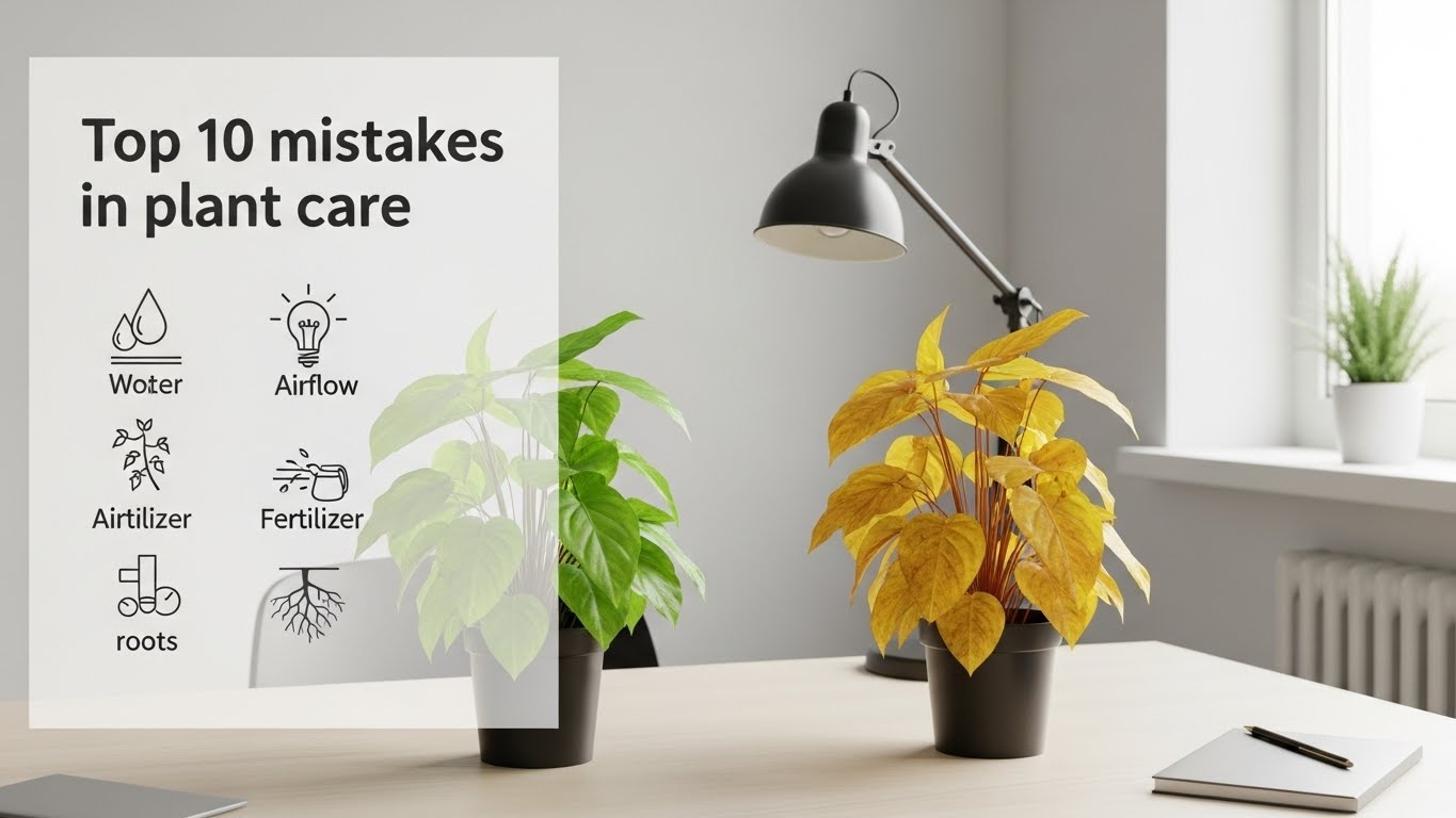 건강한 식물과 과습으로 잎이 시든 식물을 비교한 이미지와 함께 식물 관리 실패 원인 TOP10을 설명하는 인포그래픽 스타일의 교육용 이미지.