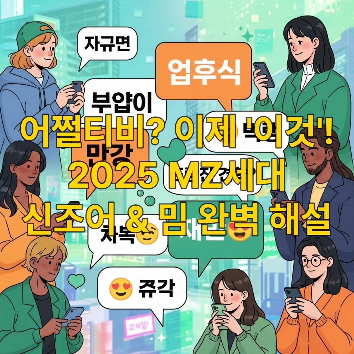 다양한 신조어와 밈이 담긴 말풍선들이 떠다니고, 스마트폰을 사용하는 MZ세대 젊은이들이 활기차게 소통하는 모습을 담은 디지털 일러스트레이션