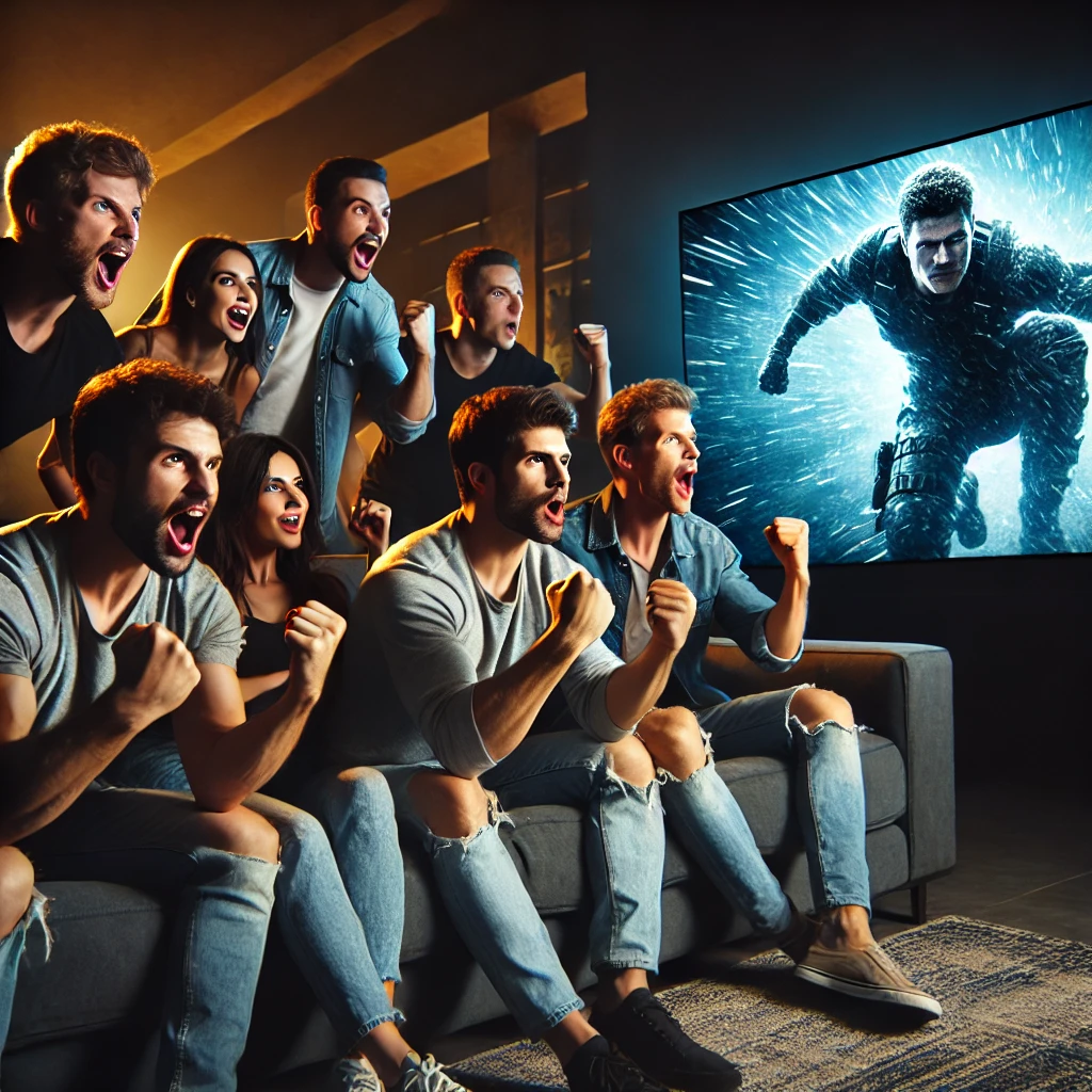 액션 마니아를 위한 영화관련 사진-액션영화 보며 환호하는 모습