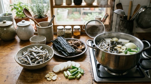 : 멸치 육수 재료와 건어물이 놓인 주방 준비 장면