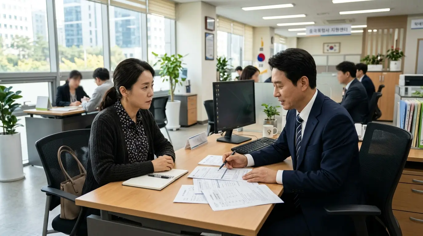 밝고 정돈된 금융 서민 지원 상담 센터에서 상담원과 대출자가 신용회복 지원 서류를 검토하며 진지하게 상담받는 풍경