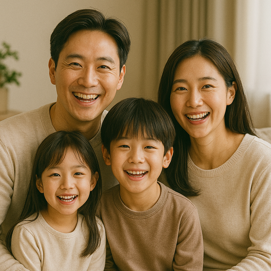 40대 초반 부모와 10살 아들, 8살 딸이 웃고 있는 가족