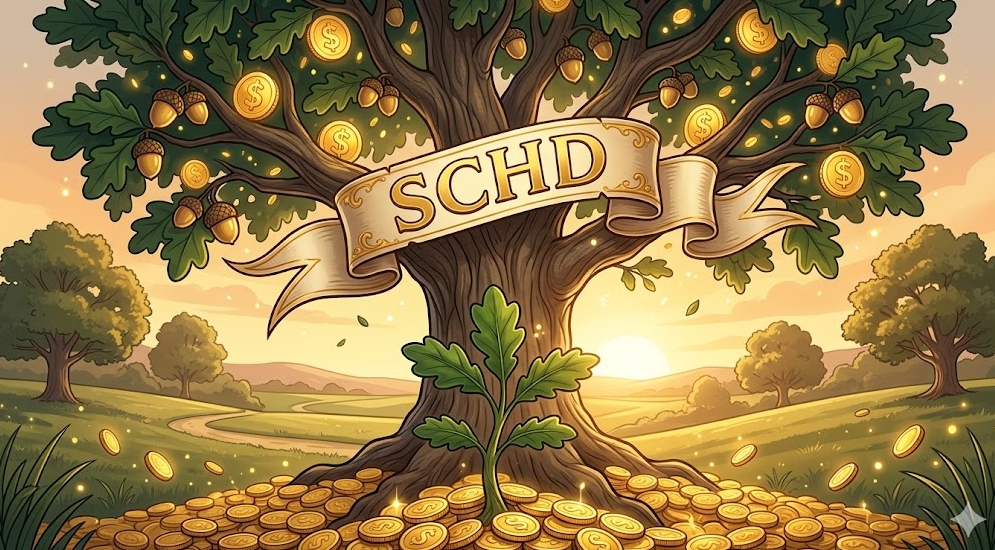 시간이 지날수록 커지는 배당 성장을 상징하는 오크나무와 SCHD 배당성장 ETF 그래픽