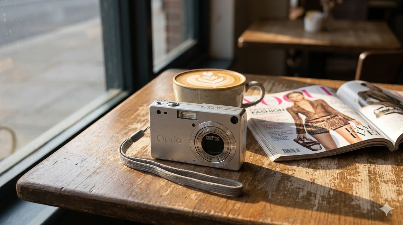 원목 테이블 위 커피 잔과 잡지 옆에 놓인 은색 펜탁스 옵티오 S 빈티지 디지털 카메라의 감성적인 라이프스타일 사진. Y2K 무드의 배경과 자연광이 강조된 모습.