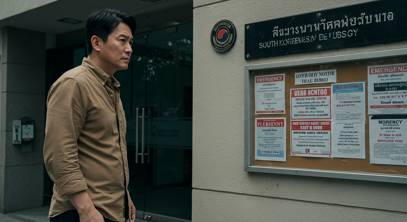 주태국 한국 대사관 앞에서 공지문을 확인하는 한국 교민