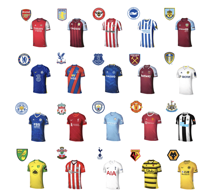 프리미어리그 팀들의 로고와 유니폼
