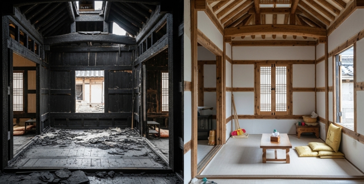 주택 화재 복구 전 후